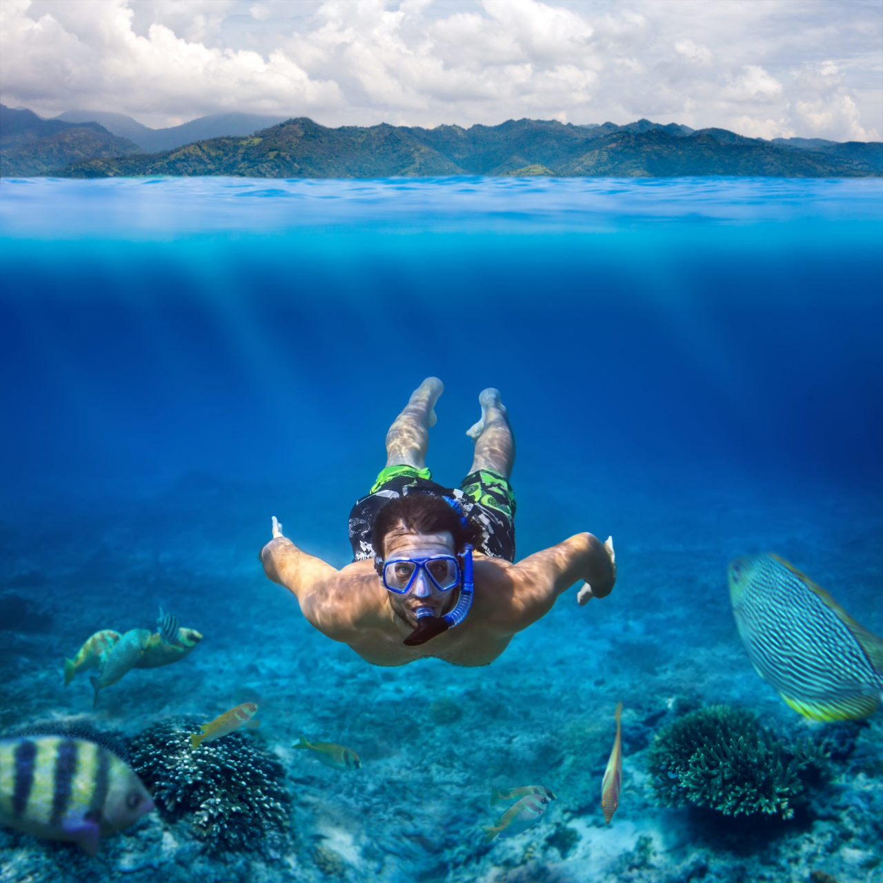 A man snorkeling under water in the ocean surrounded by fish with a mountain landscape in the horizon.