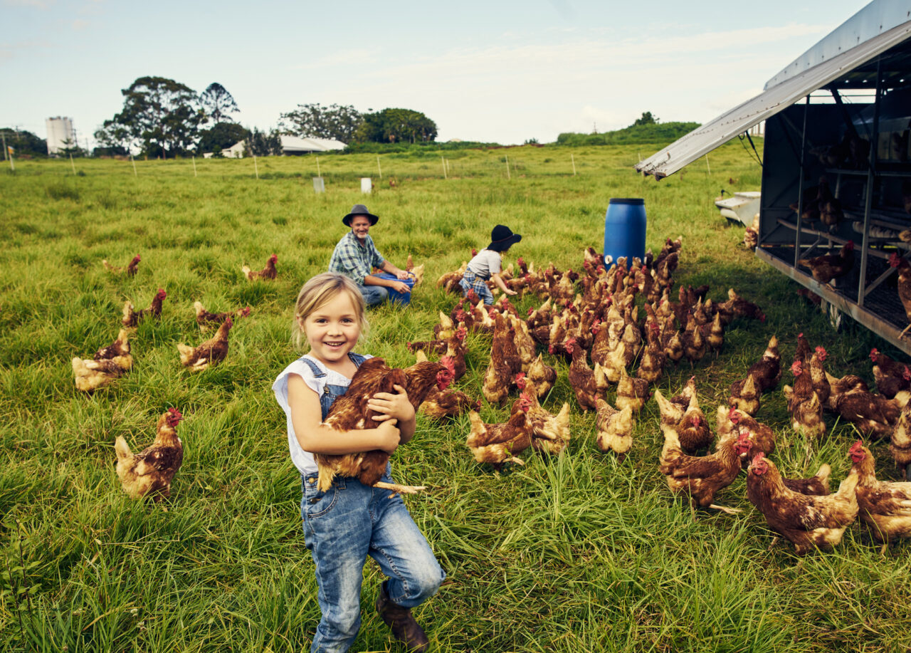 girl holding a chicken while with her family on a farm